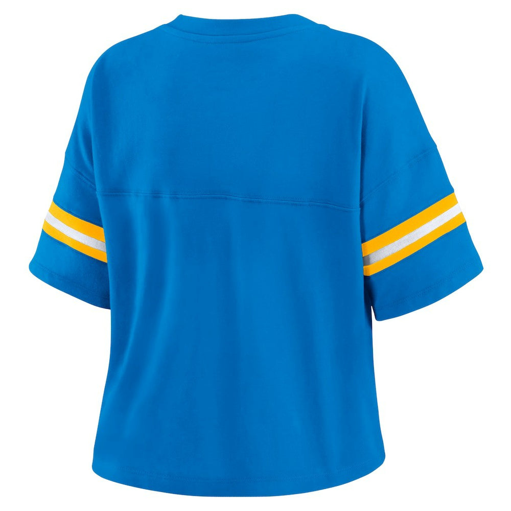Los Angeles Chargers WEAR by Erin Andrews Women's Color Block Boxy Modest Crop V-Neck T-Shirt - Powder Blue cheap