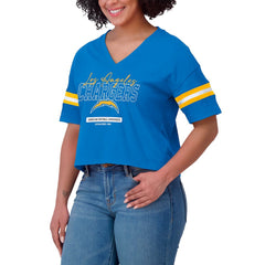 Los Angeles Chargers WEAR by Erin Andrews Women's Color Block Boxy Modest Crop V-Neck T-Shirt - Powder Blue cheap