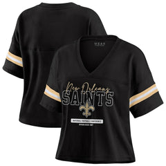 New Orleans Saints WEAR by Erin Andrews Women's Color Block Boxy Modest Crop V-Neck T-Shirt - Black for sale