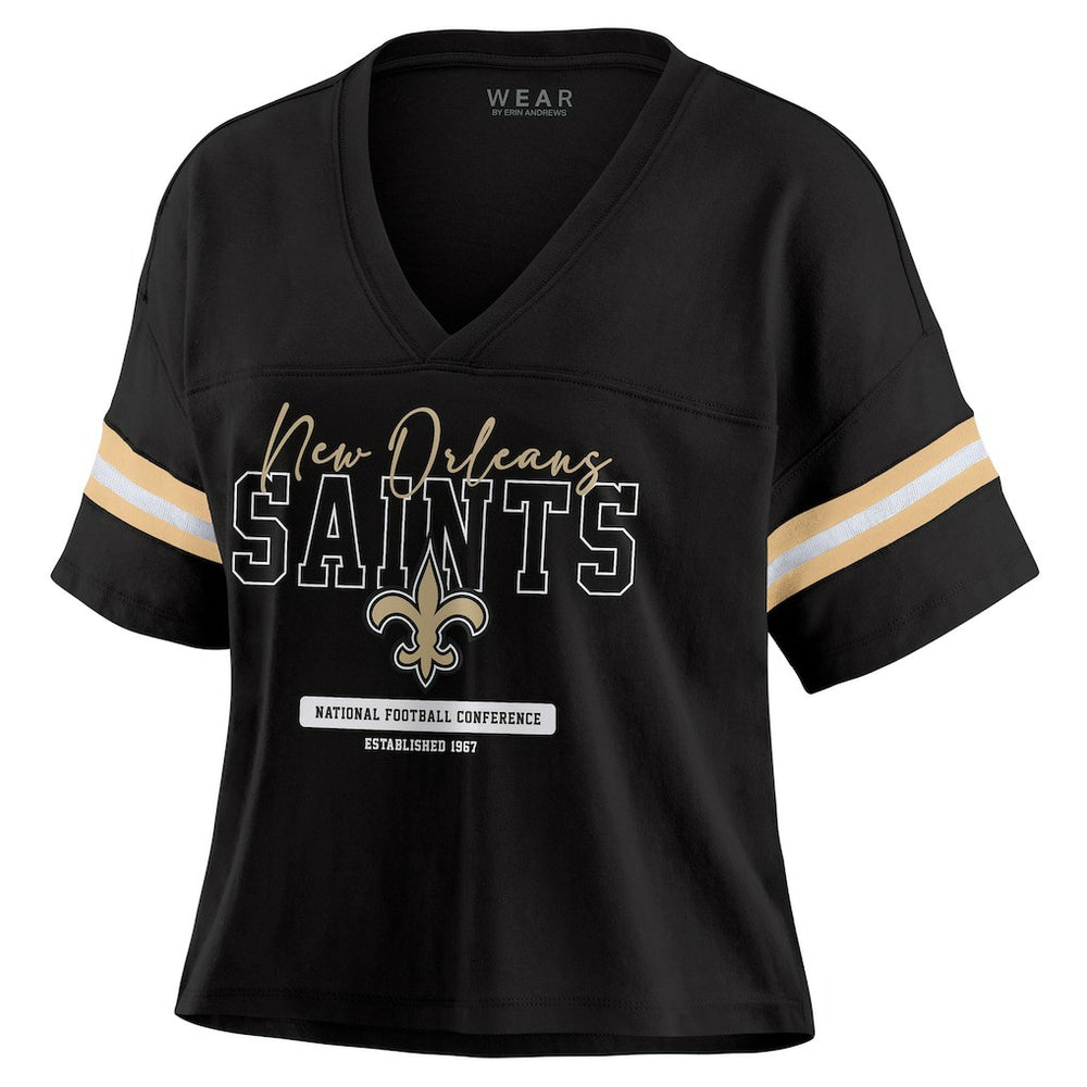 New Orleans Saints WEAR by Erin Andrews Women's Color Block Boxy Modest Crop V-Neck T-Shirt - Black for sale