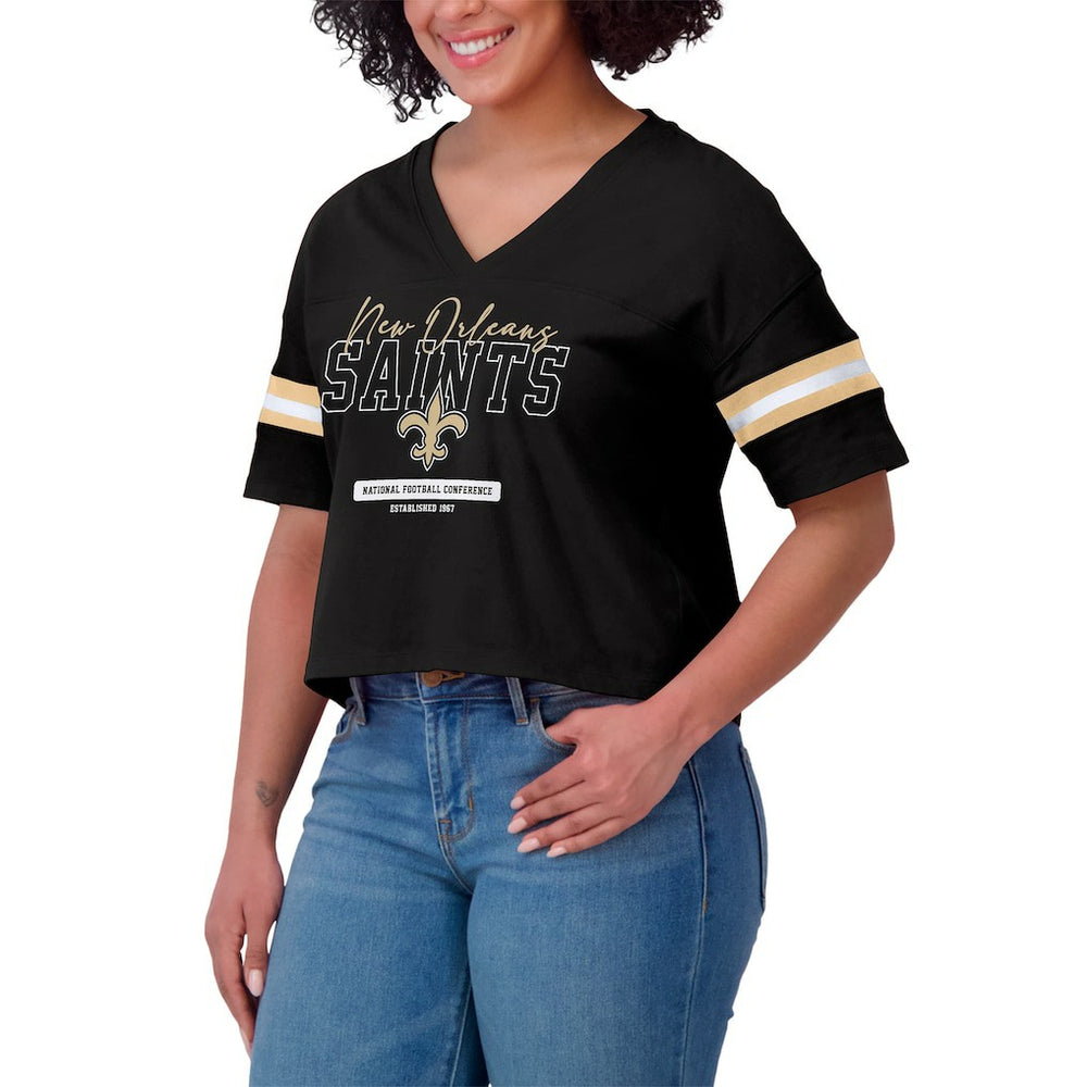 New Orleans Saints WEAR by Erin Andrews Women's Color Block Boxy Modest Crop V-Neck T-Shirt - Black for sale
