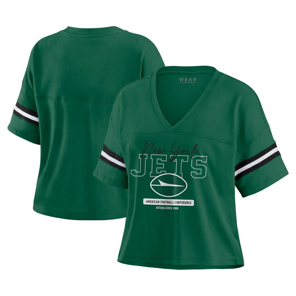 New York Jets WEAR by Erin Andrews Women's Color Block Boxy Modest Crop V-Neck T-Shirt - Green cheap