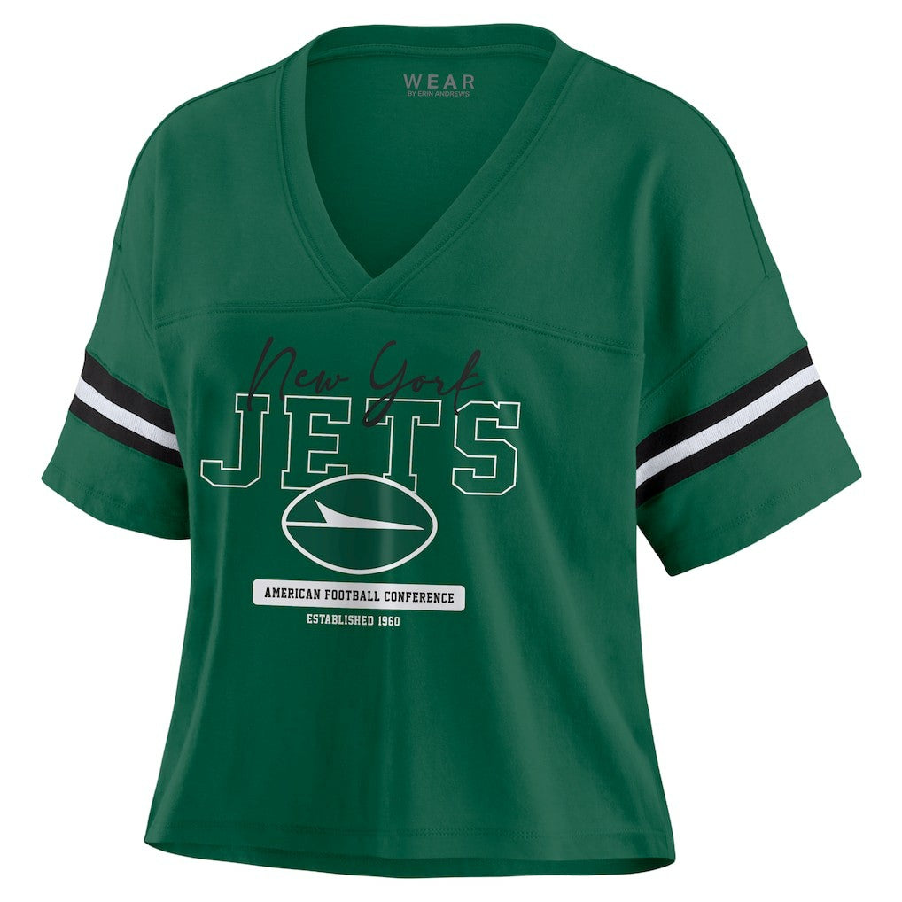 New York Jets WEAR by Erin Andrews Women's Color Block Boxy Modest Crop V-Neck T-Shirt - Green cheap