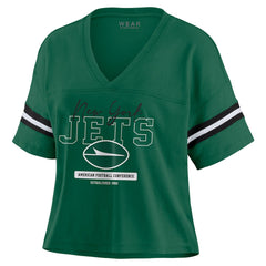 New York Jets WEAR by Erin Andrews Women's Color Block Boxy Modest Crop V-Neck T-Shirt - Green cheap