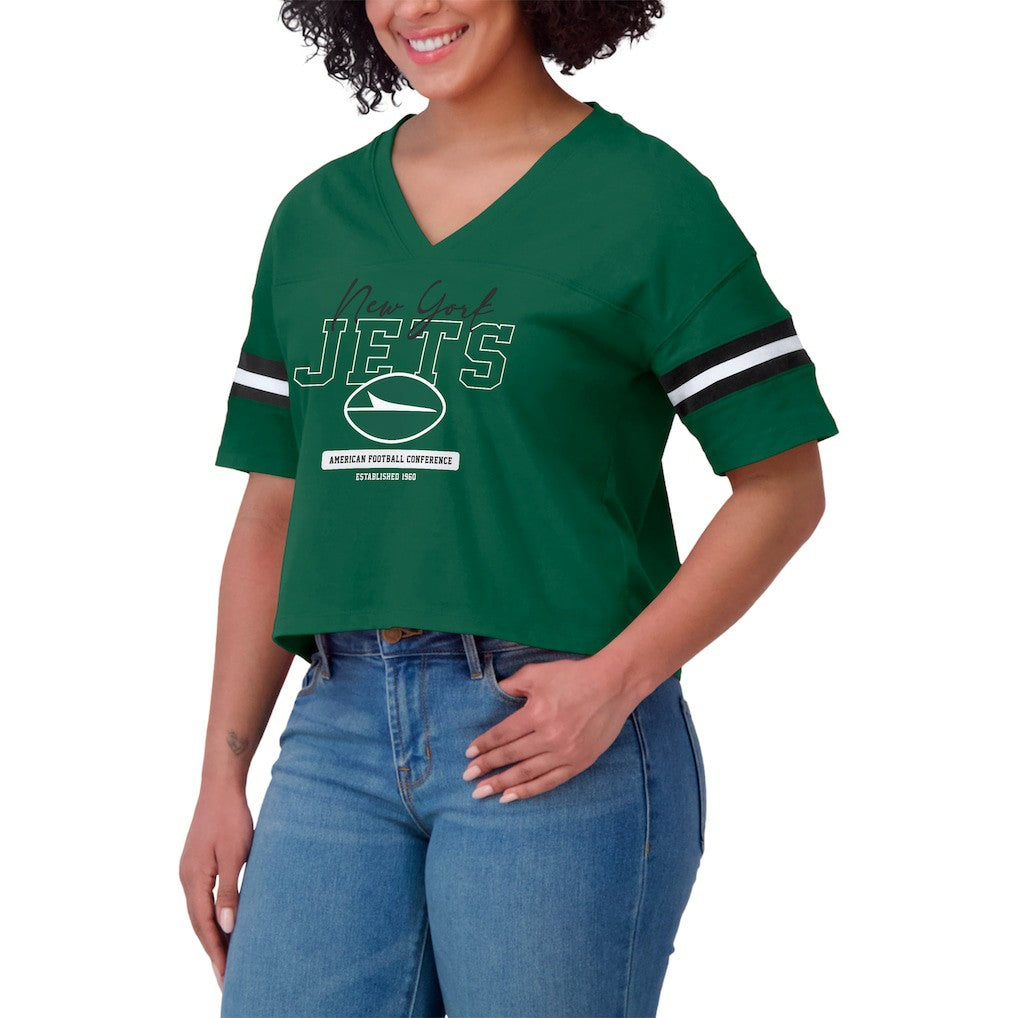 New York Jets WEAR by Erin Andrews Women's Color Block Boxy Modest Crop V-Neck T-Shirt - Green cheap