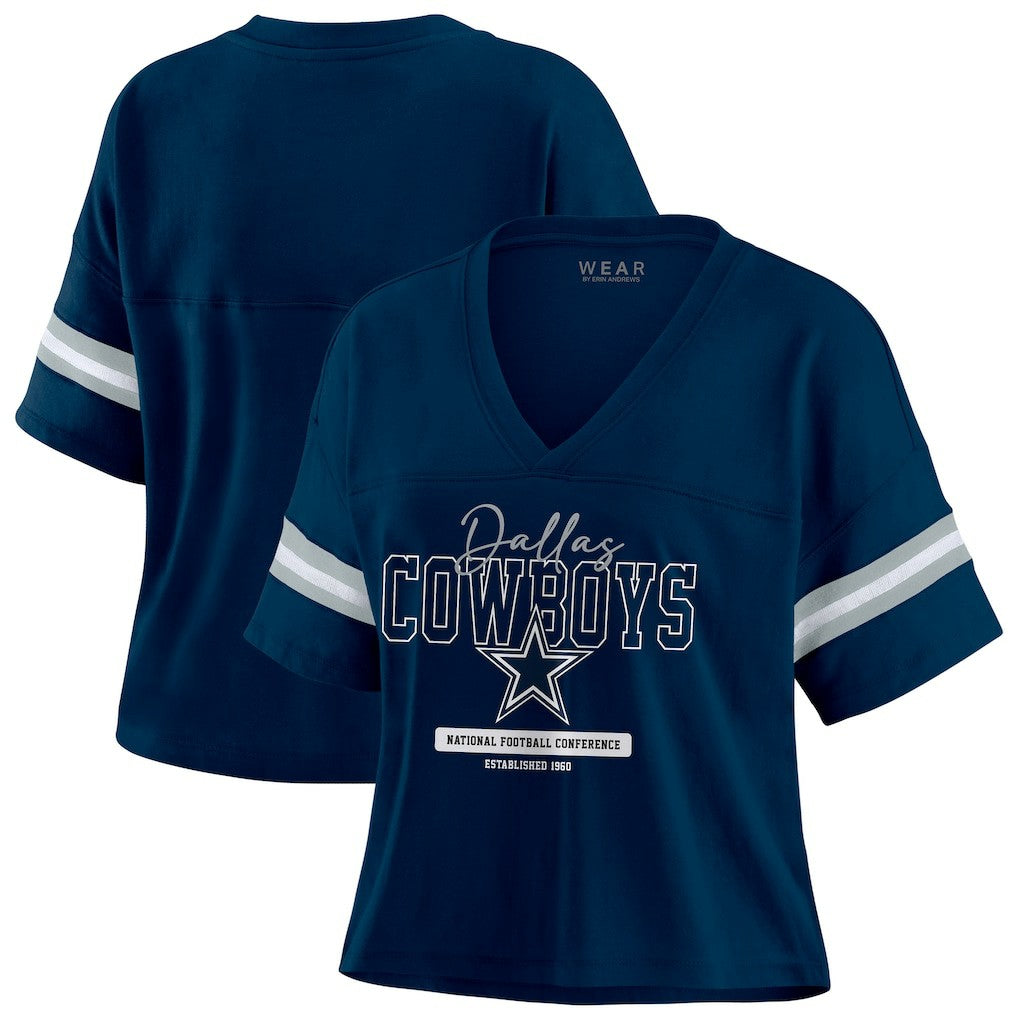 Dallas Cowboys WEAR by Erin Andrews Women's Color Block Boxy Modest Crop V-Neck T-Shirt - Navy sale