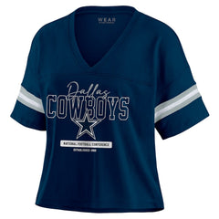 Dallas Cowboys WEAR by Erin Andrews Women's Color Block Boxy Modest Crop V-Neck T-Shirt - Navy sale