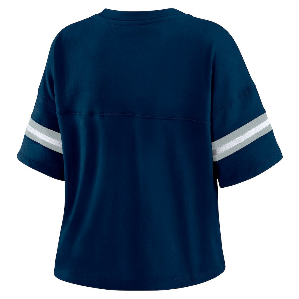 Dallas Cowboys WEAR by Erin Andrews Women's Color Block Boxy Modest Crop V-Neck T-Shirt - Navy sale