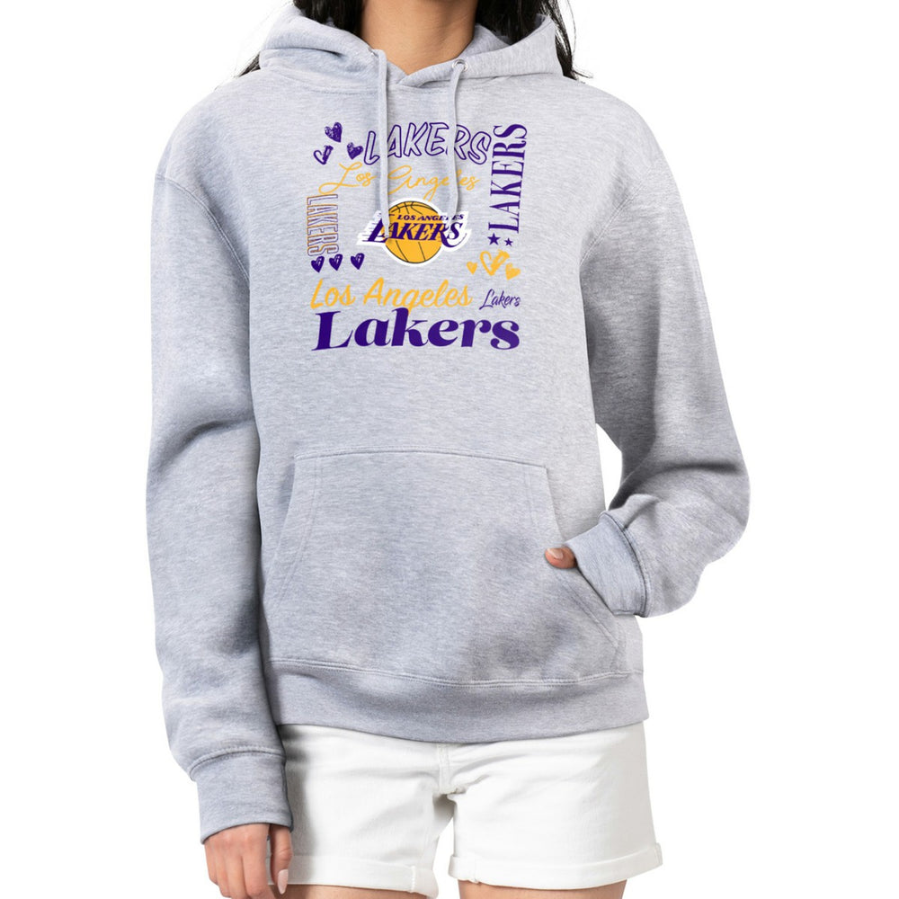 Los Angeles Lakers G-III 4Her by Carl Banks Women's Team Collage Graphic Fleece Pullover Hoodie - Heather Gray for sale