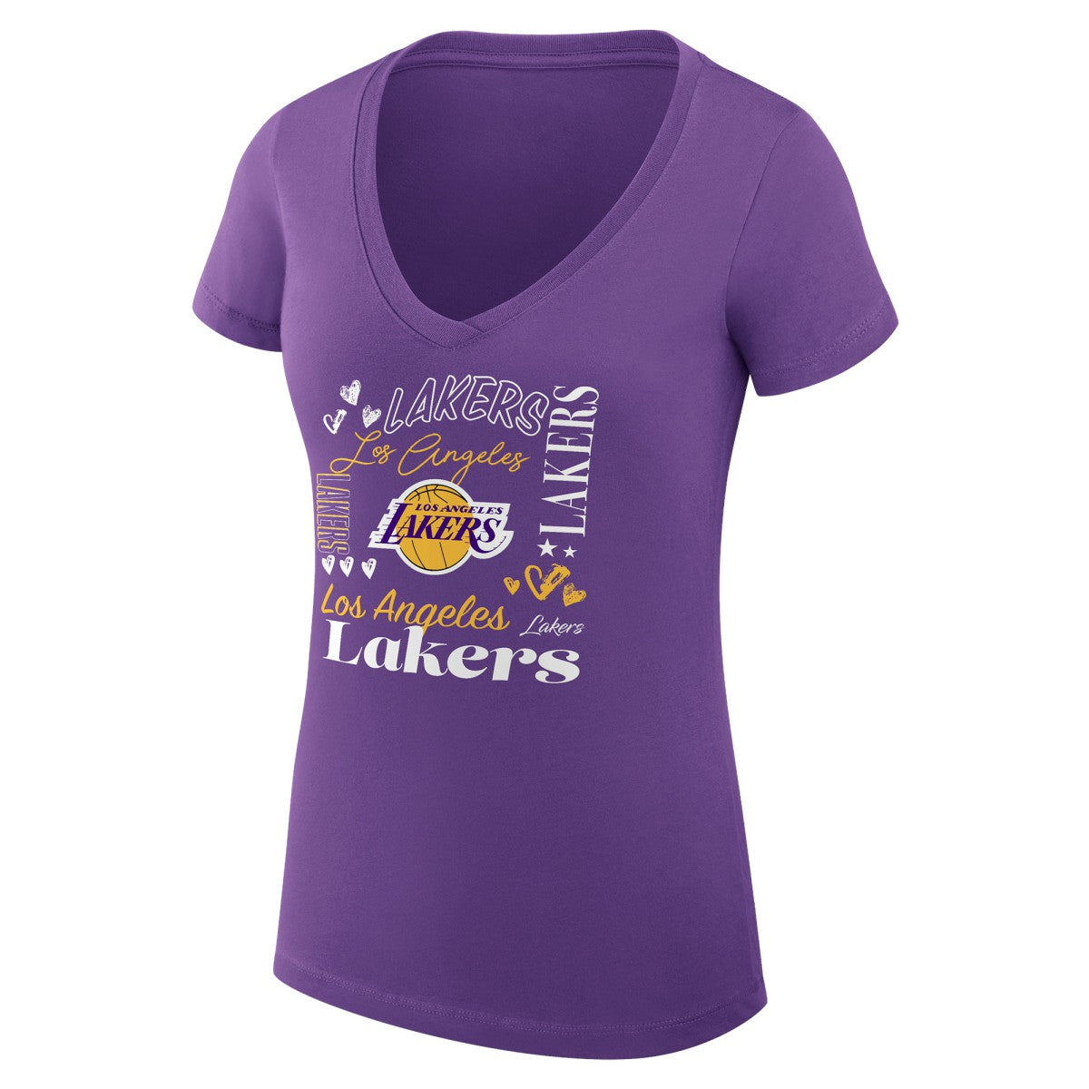Los Angeles Lakers G-III 4Her by Carl Banks Women's Super-Slim Fit Lightweight Team Name Collage Graphic V-Neck T-Shirt - Purple for sale