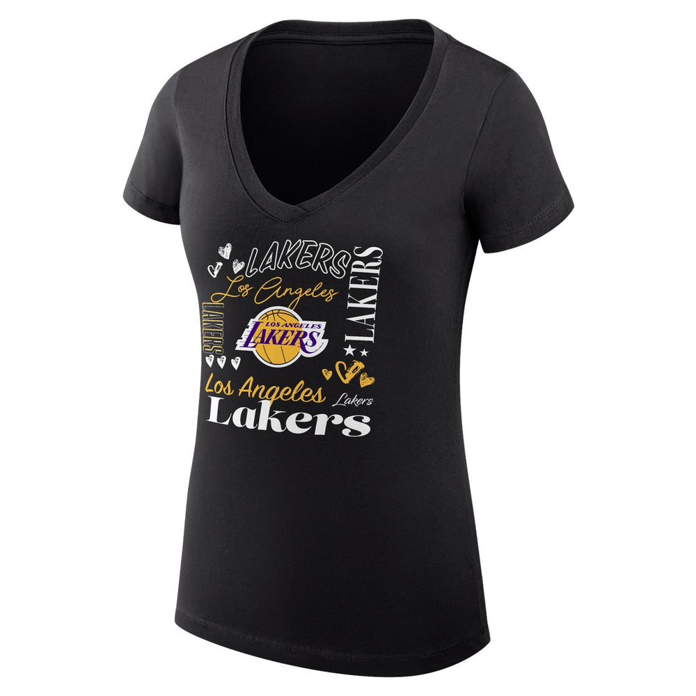 Los Angeles Lakers G-III 4Her by Carl Banks Women's Super-Slim Fit Lightweight Team Name Collage Graphic V-Neck T-Shirt - Black cheap