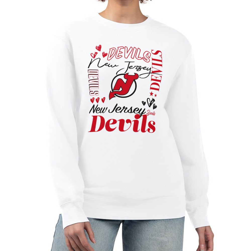 New Jersey Devils G-III 4Her by Carl Banks Women's Collage Graphic Fleece Long Sleeve Pullover Sweatshirt White
