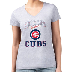 Chicago Cubs G-III 4Her by Carl Banks Women's Super-Slim Fit Lightweight Team Logo Graphic V-Neck T-Shirt - Heather Gray
