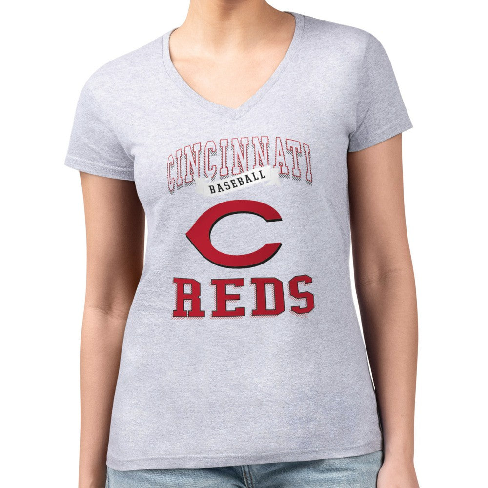Cincinnati Reds G-III 4Her by Carl Banks Women's Super-Slim Fit Lightweight Team Logo Graphic V-Neck T-Shirt - Heather Gray