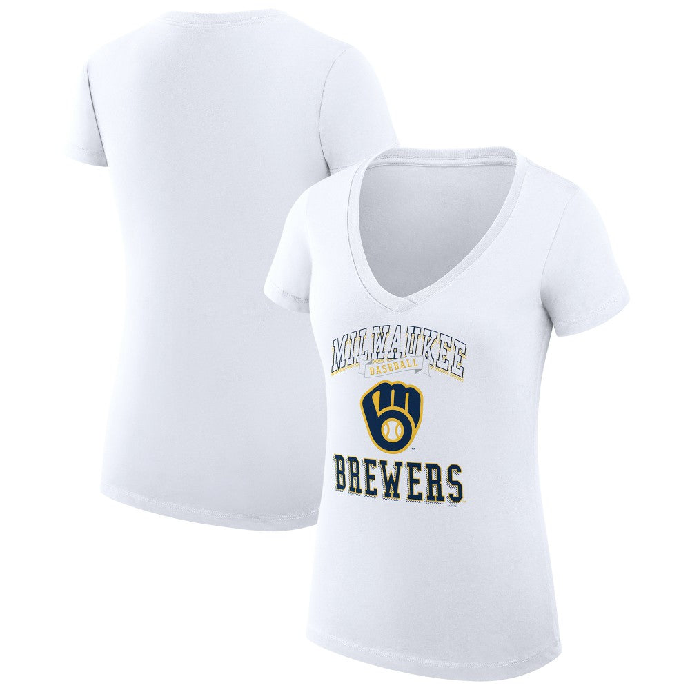 Milwaukee Brewers G-III 4Her by Carl Banks Women's Super-Slim Fit Lightweight Team Logo Graphic V-Neck T-Shirt - White