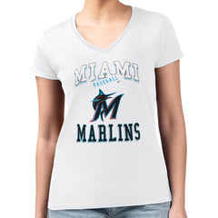 Miami Marlins G-III 4Her by Carl Banks Women's Super-Slim Fit Lightweight Team Logo Graphic V-Neck T-Shirt - White
