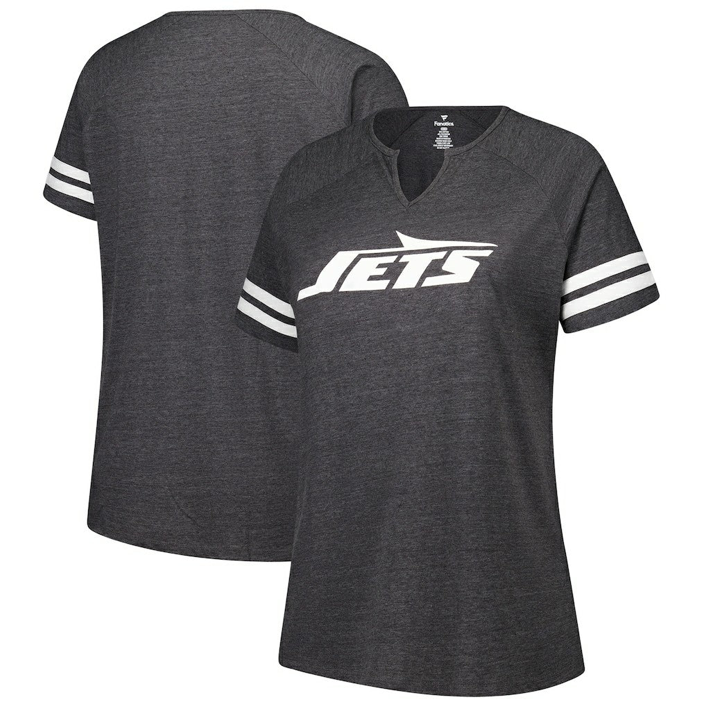 New York Jets Women's Plus Size Logo Striped Raglan Notch Neck T-Shirt - Charcoal sale