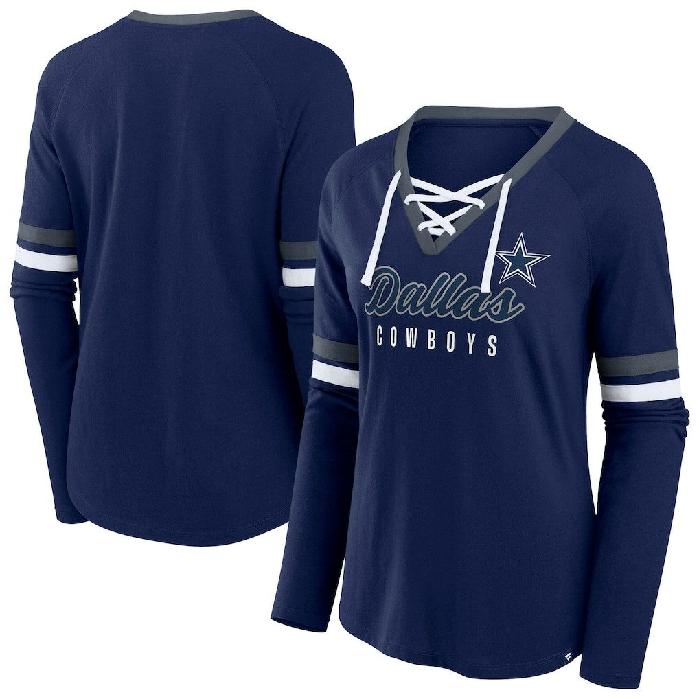 Dallas Cowboys Women's Plus Size Won & Done Lace-Up V-Neck Long Sleeve T-Shirt - Navy cheap