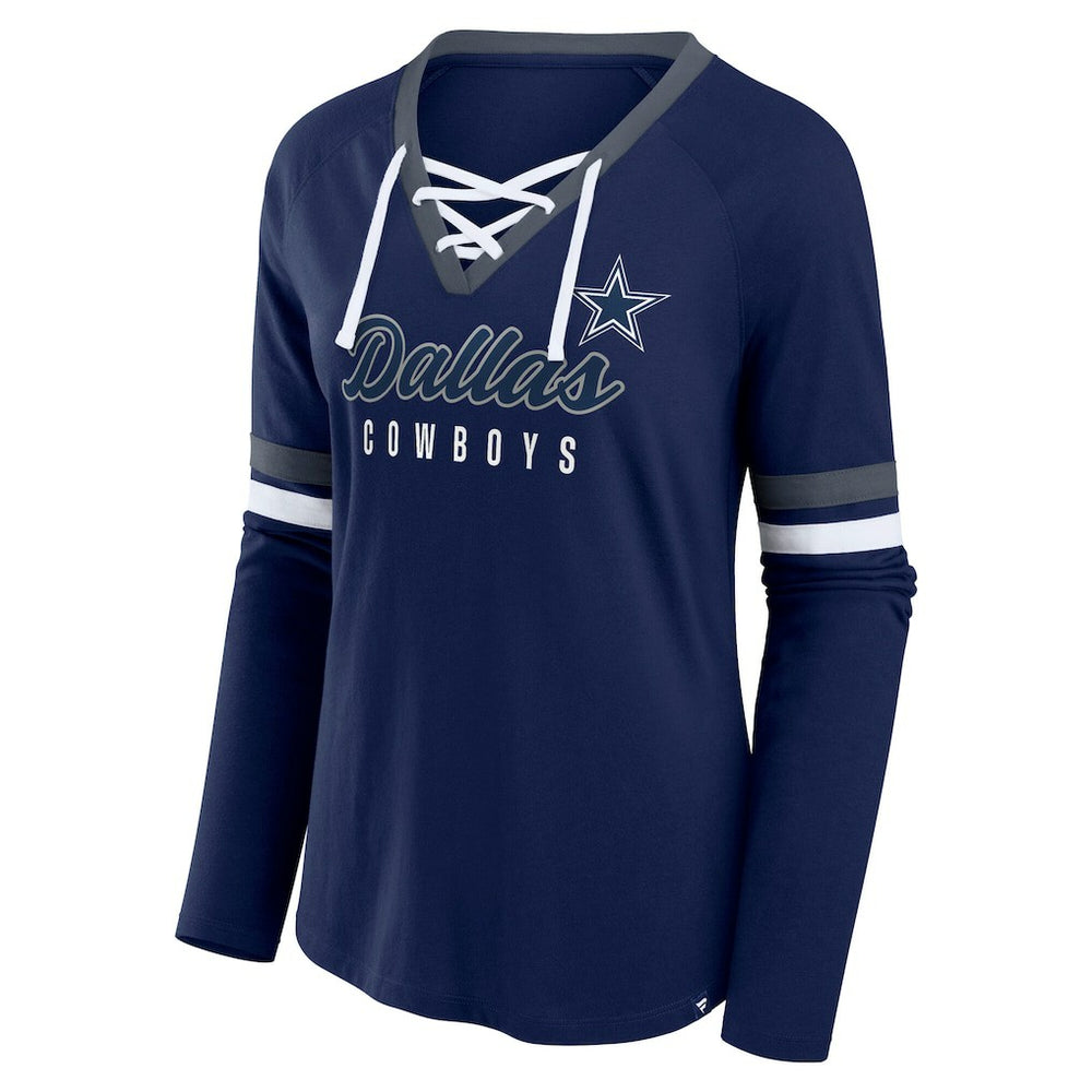 Dallas Cowboys Women's Plus Size Won & Done Lace-Up V-Neck Long Sleeve T-Shirt - Navy cheap