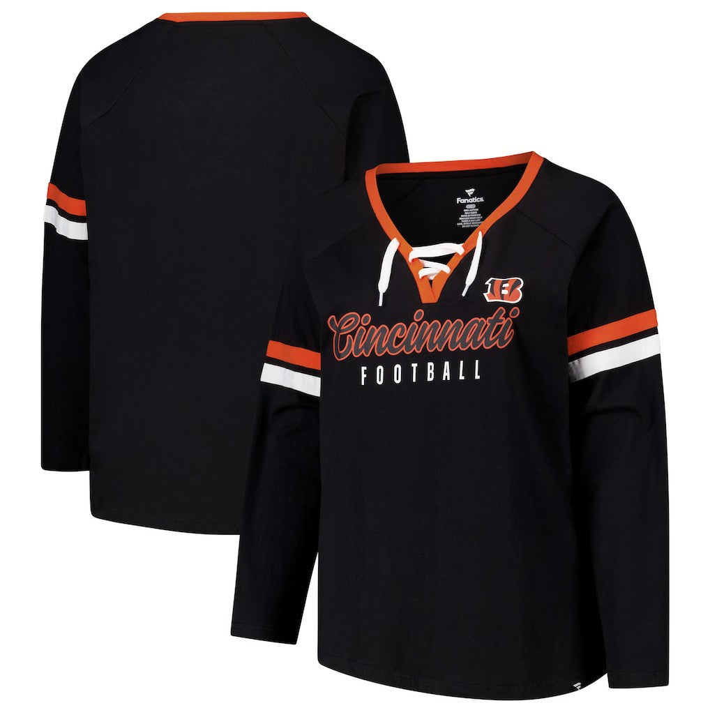Cincinnati Bengals Women's Plus Size Won & Done Lace-Up V-Neck Long Sleeve T-Shirt - Black discount