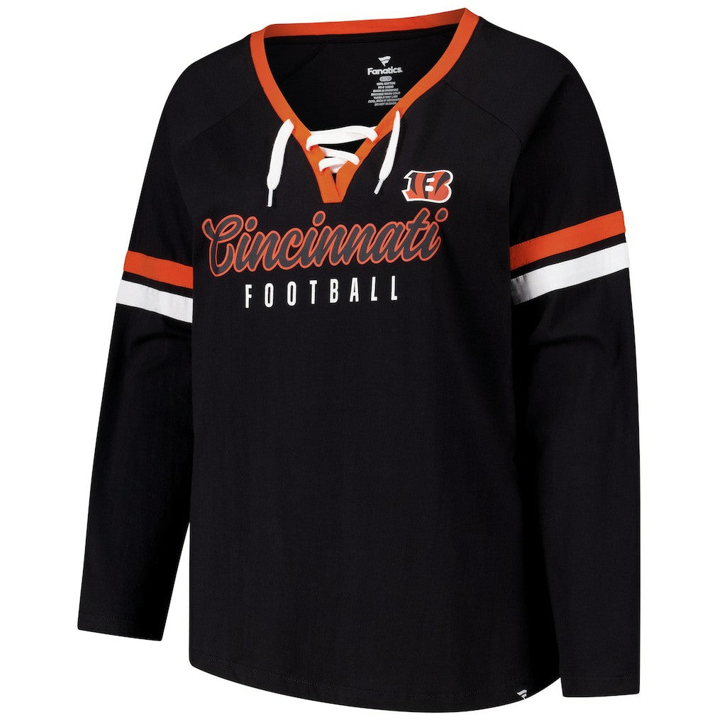 Cincinnati Bengals Women's Plus Size Won & Done Lace-Up V-Neck Long Sleeve T-Shirt - Black discount