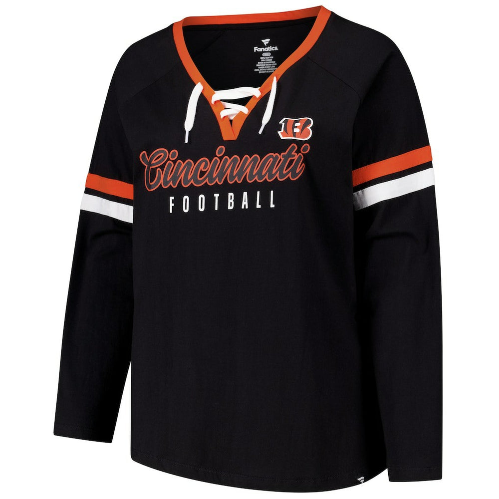 Cincinnati Bengals Women's Plus Size Won & Done Lace-Up V-Neck Long Sleeve T-Shirt - Black discount