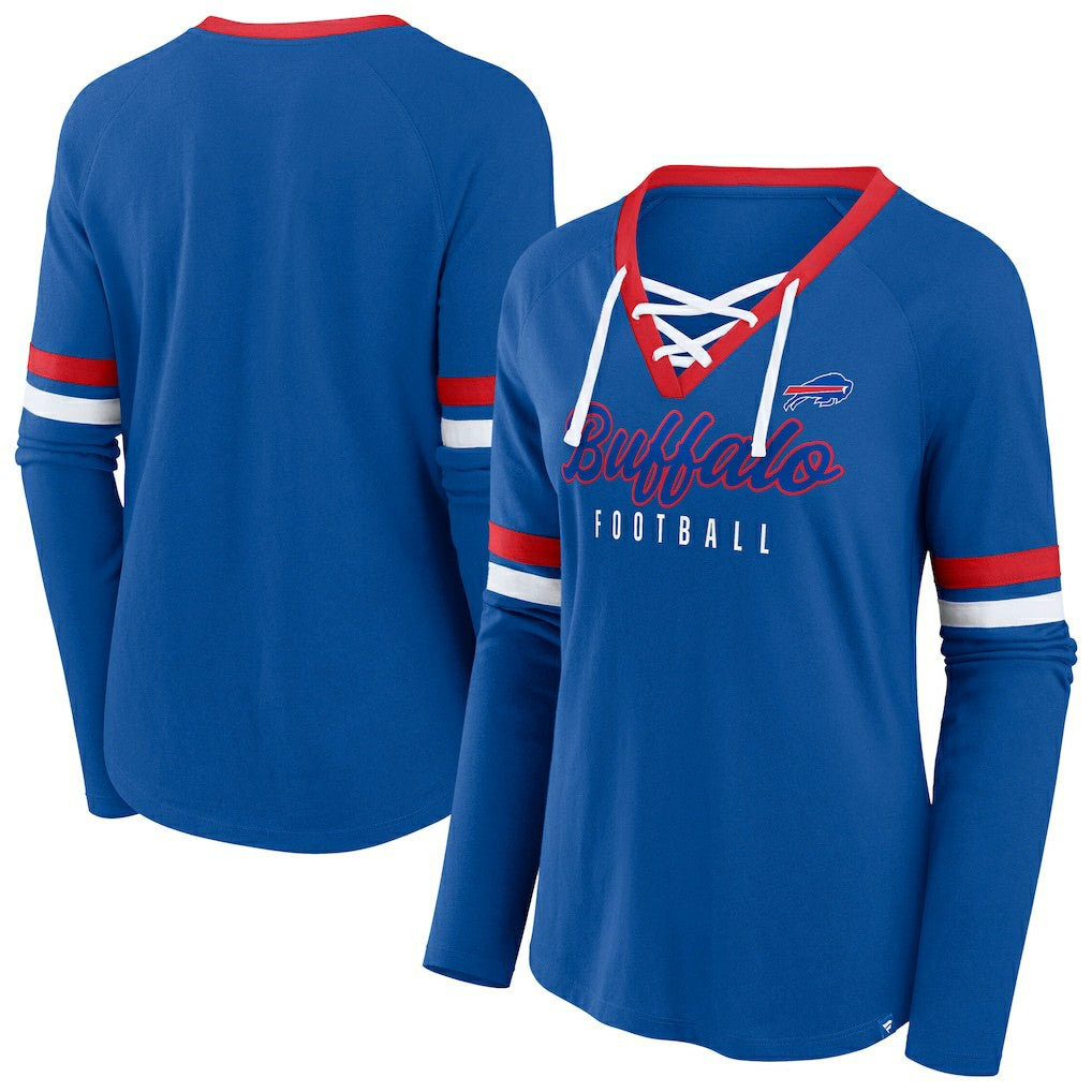 Buffalo Bills Women's Plus Size Won & Done Lace-Up V-Neck Long Sleeve T-Shirt - Royal outlet