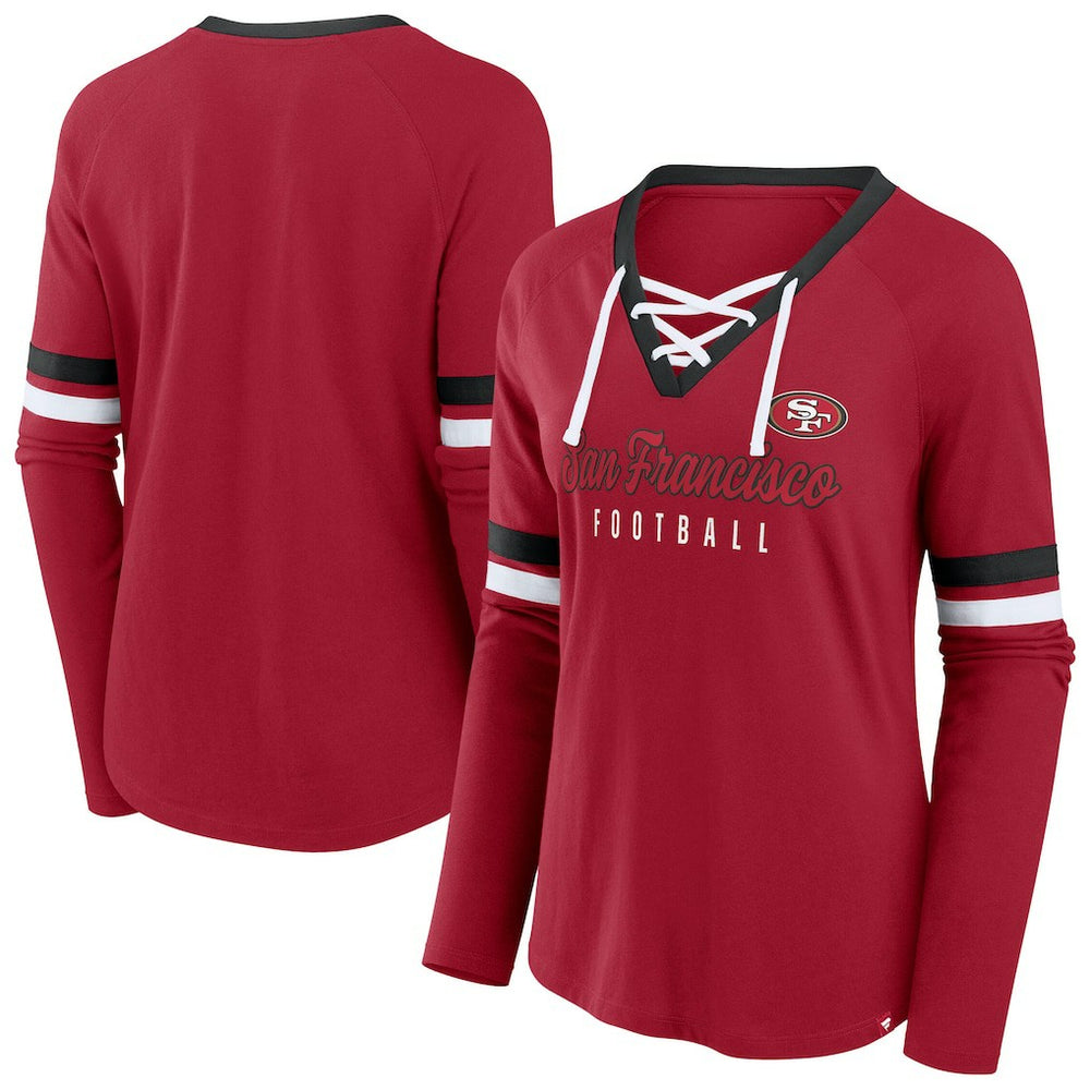 San Francisco 49ers Women's Plus Size Won & Done Lace-Up V-Neck Long Sleeve T-Shirt - Scarlet outlet