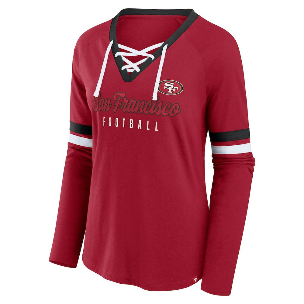 San Francisco 49ers Women's Plus Size Won & Done Lace-Up V-Neck Long Sleeve T-Shirt - Scarlet outlet
