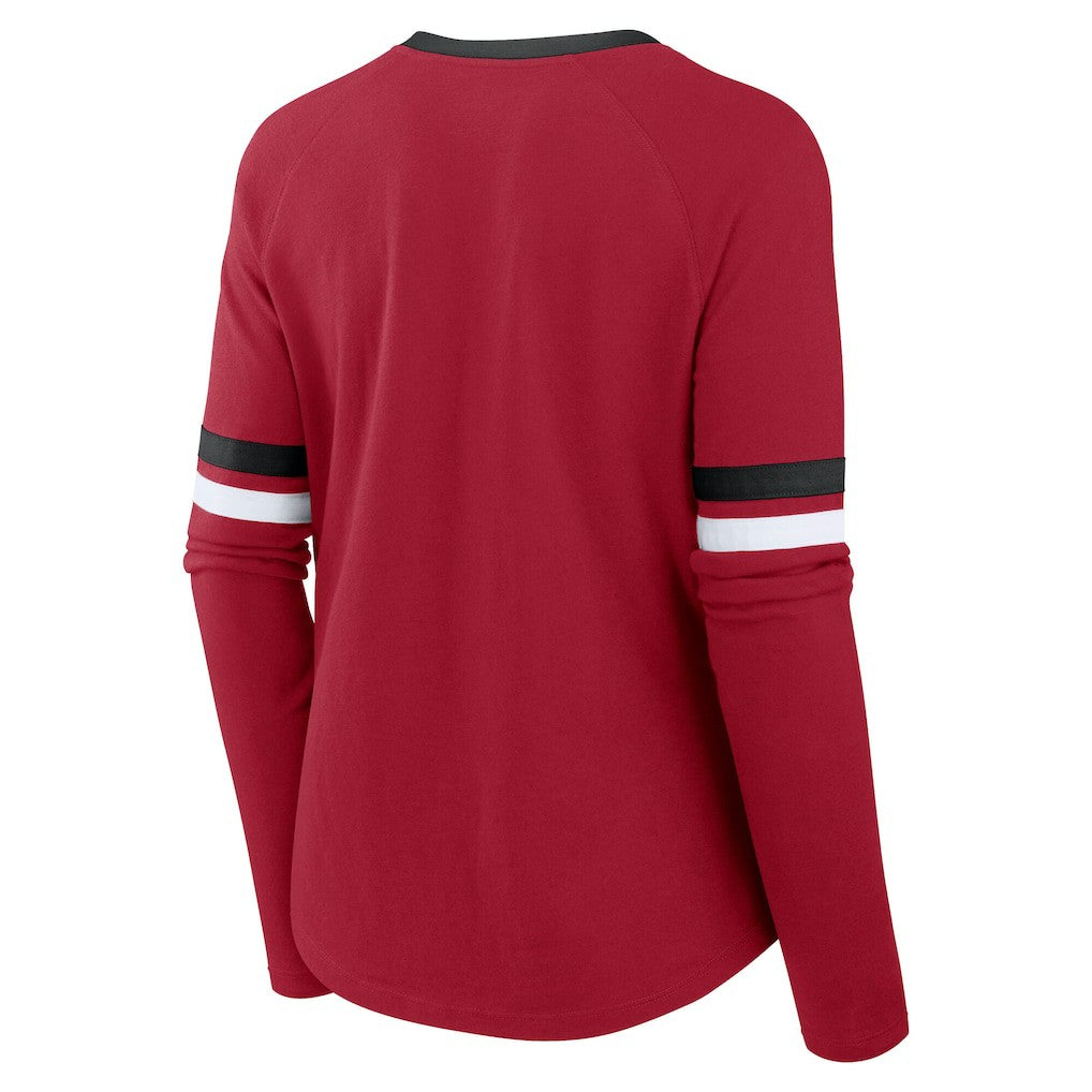 San Francisco 49ers Women's Plus Size Won & Done Lace-Up V-Neck Long Sleeve T-Shirt - Scarlet outlet