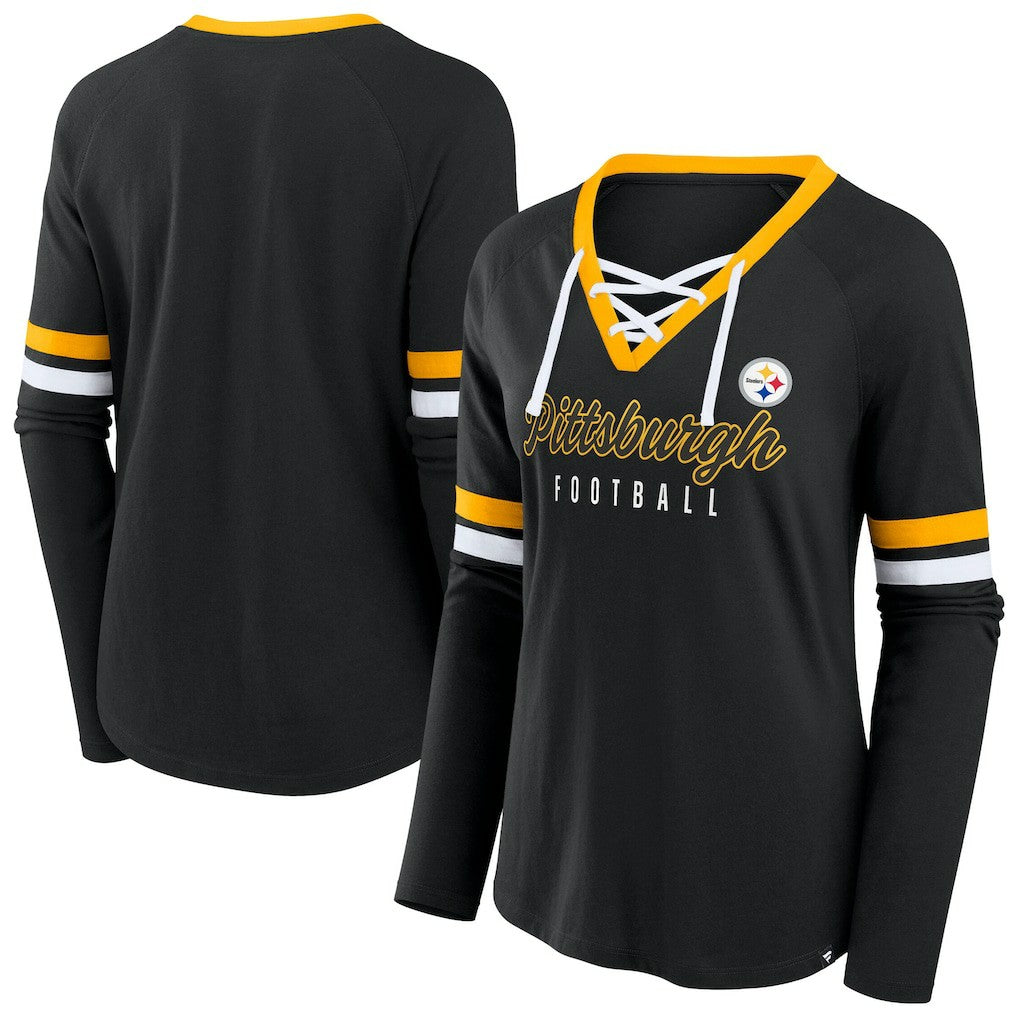 Pittsburgh Steelers Women's Plus Size Won & Done Lace-Up V-Neck Long Sleeve T-Shirt - Black on sale