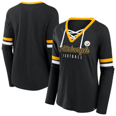 Pittsburgh Steelers Women's Plus Size Won & Done Lace-Up V-Neck Long Sleeve T-Shirt - Black on sale