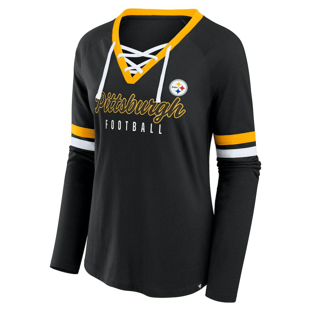 Pittsburgh Steelers Women's Plus Size Won & Done Lace-Up V-Neck Long Sleeve T-Shirt - Black on sale