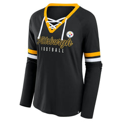 Pittsburgh Steelers Women's Plus Size Won & Done Lace-Up V-Neck Long Sleeve T-Shirt - Black on sale