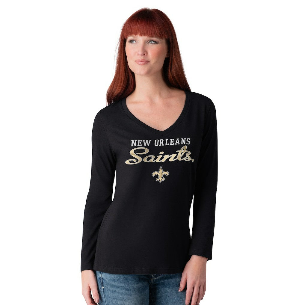 New Orleans Saints G-III 4Her by Carl Banks Women's Post Season Long Sleeve V-Neck T-Shirt - Black cheap