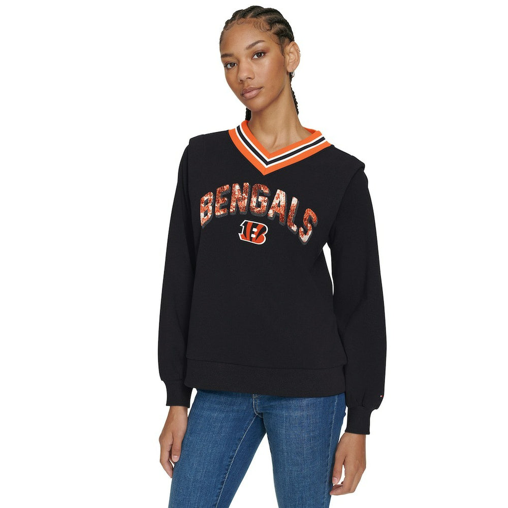 Cincinnati Bengals Tommy Hilfiger Women's Alice V-Neck Pullover Sweatshirt - Black online