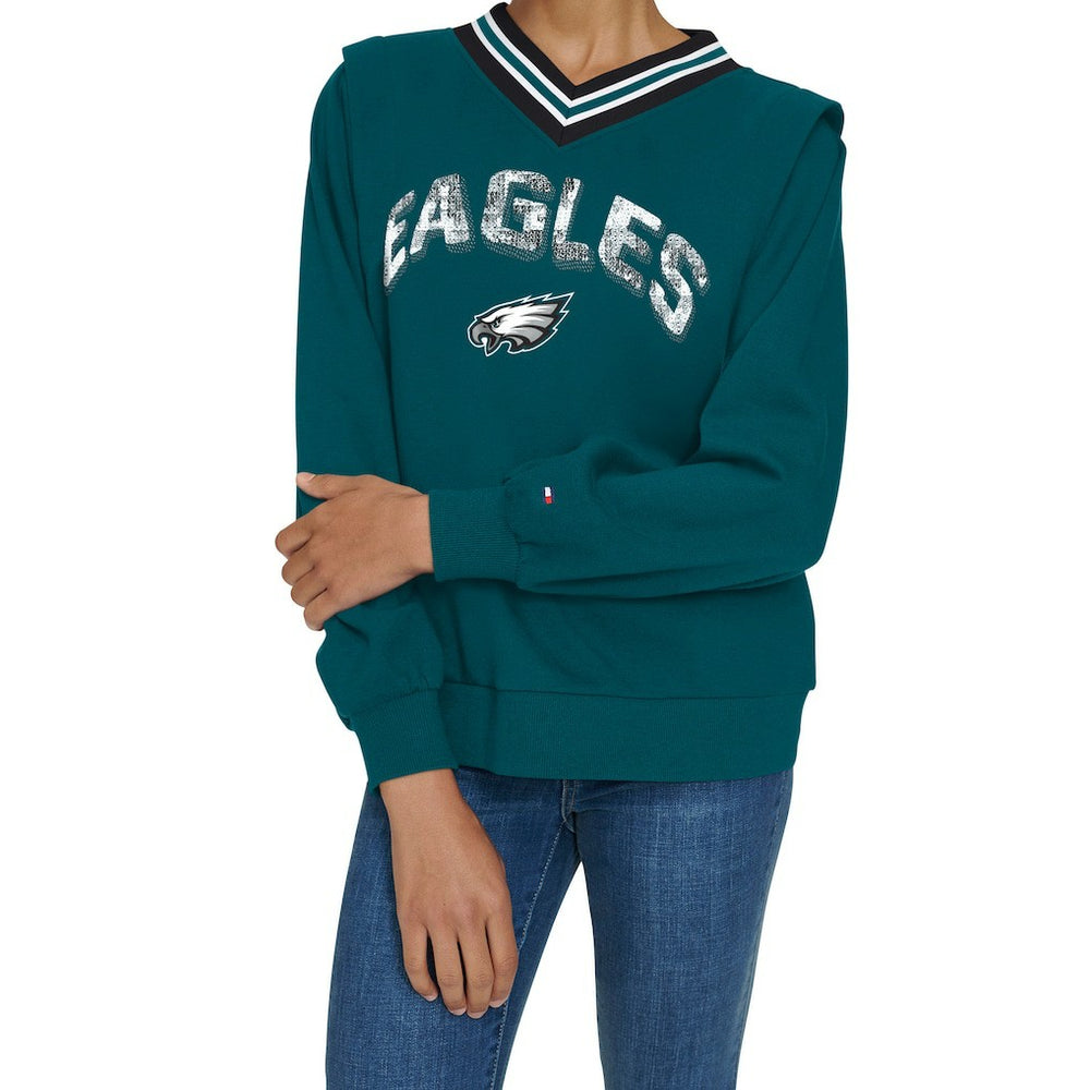 Philadelphia Eagles Tommy Hilfiger Women's Alice V-Neck Pullover Sweatshirt - Midnight Green sale