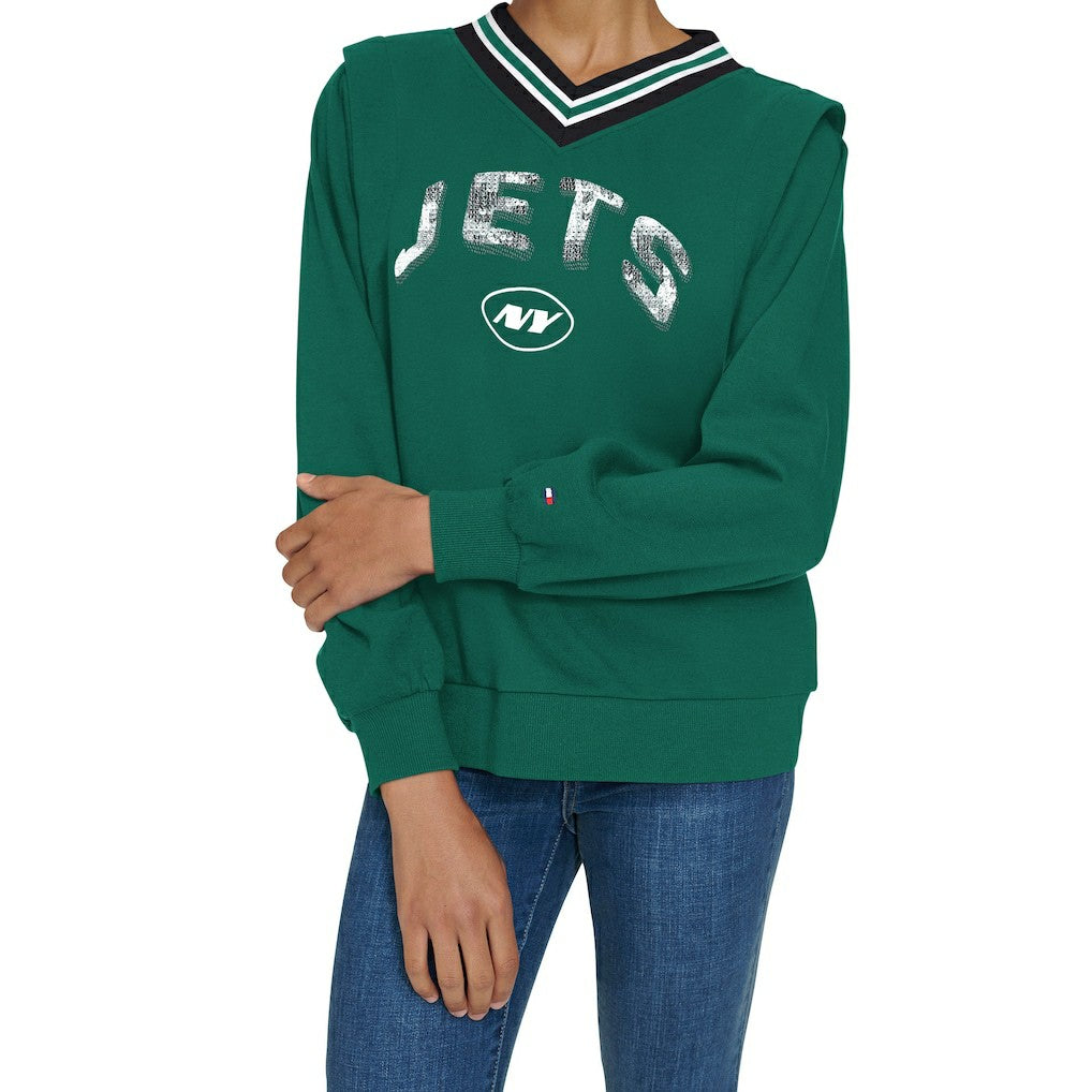 New York Jets Tommy Hilfiger Women's Alice V-Neck Pullover Sweatshirt - Green discount