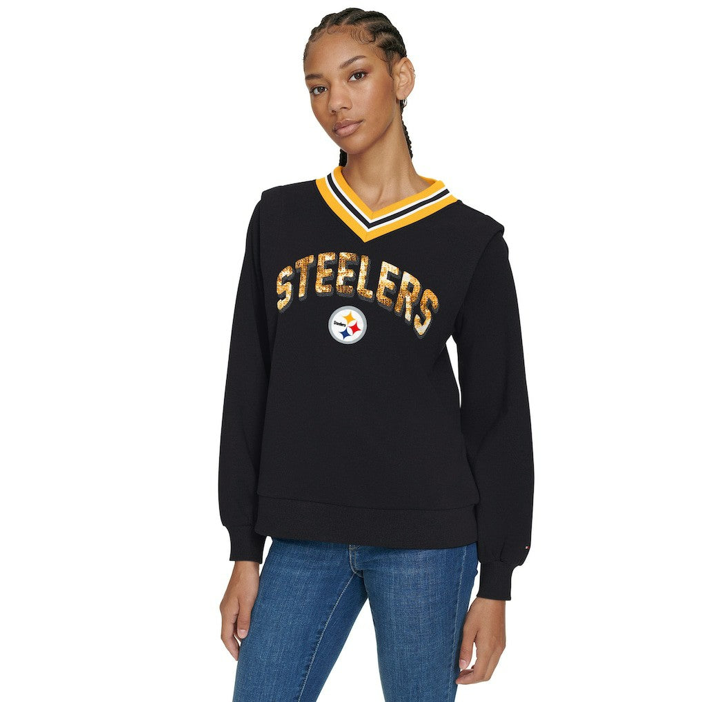 Pittsburgh Steelers Tommy Hilfiger Women's Alice V-Neck Pullover Sweatshirt - Black sale