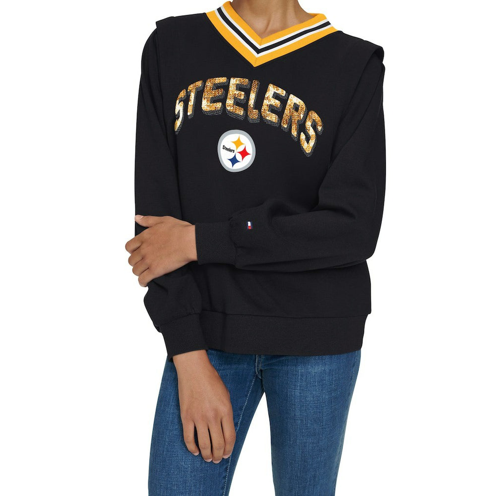 Pittsburgh Steelers Tommy Hilfiger Women's Alice V-Neck Pullover Sweatshirt - Black sale