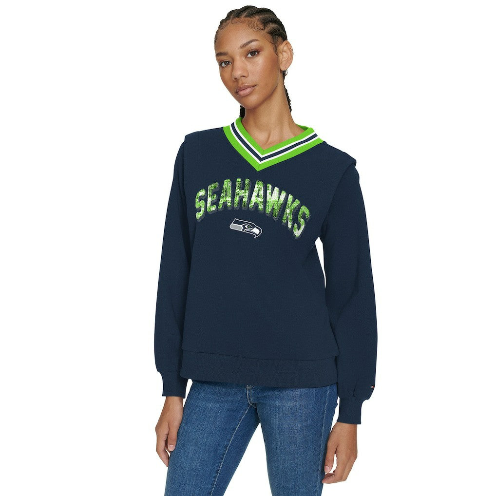 Seattle Seahawks Tommy Hilfiger Women's Alice V-Neck Pullover Sweatshirt - Navy outlet