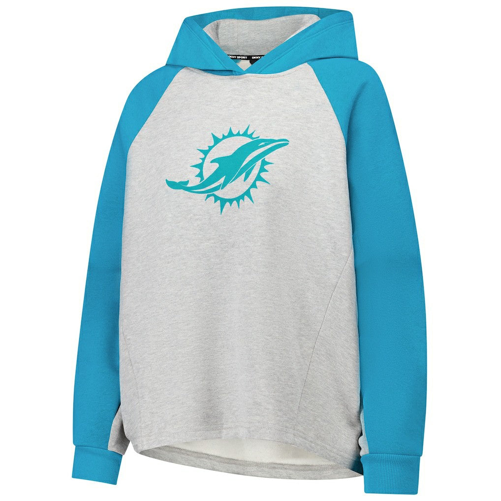 Miami Dolphins DKNY Sport Women's Joy Cropped Raglan Pullover Hoodie - Gray/Aqua for sale