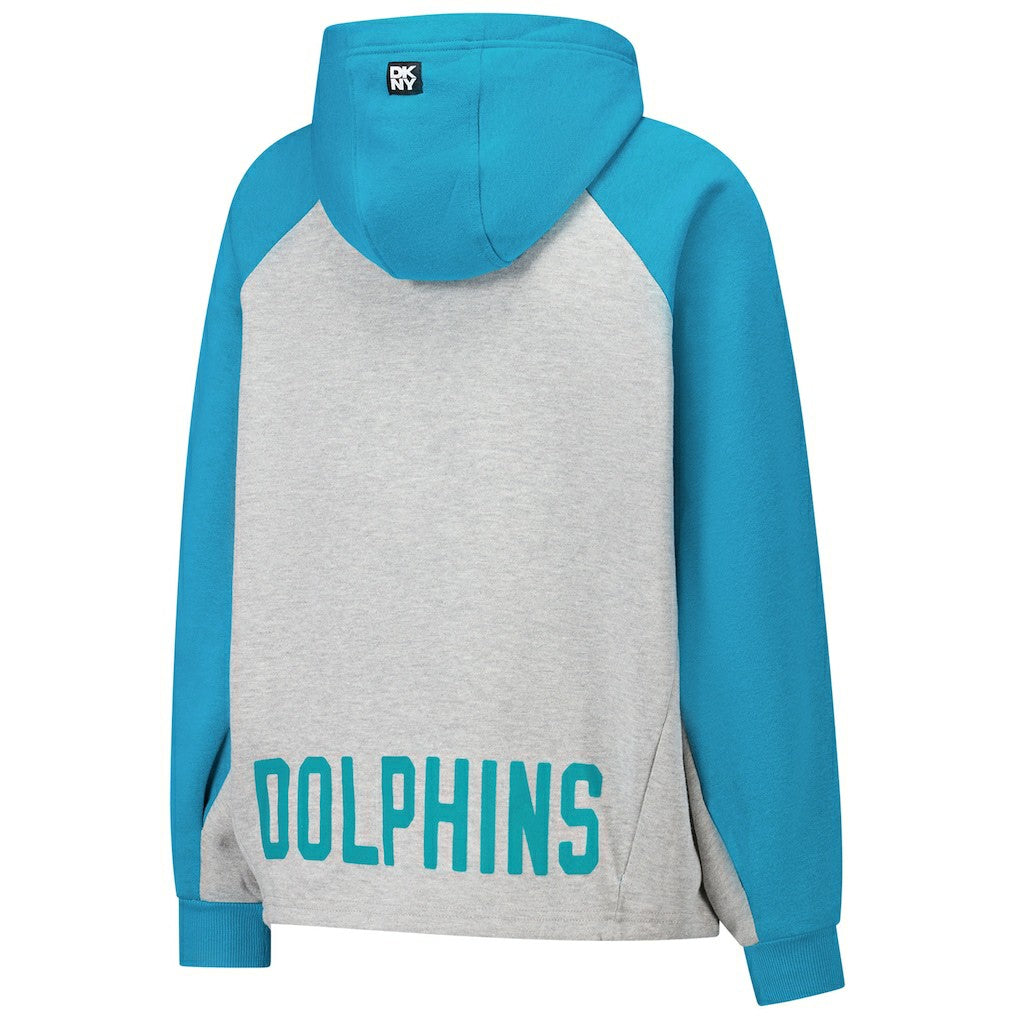 Miami Dolphins DKNY Sport Women's Joy Cropped Raglan Pullover Hoodie - Gray/Aqua for sale