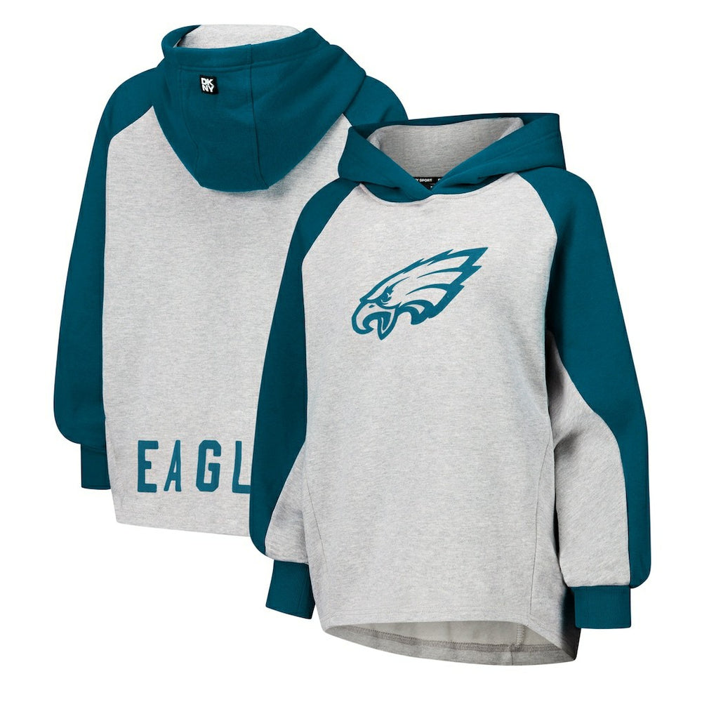 Philadelphia Eagles DKNY Sport Women's Joy Cropped Raglan Pullover Hoodie - Gray/Midnight Green for sale