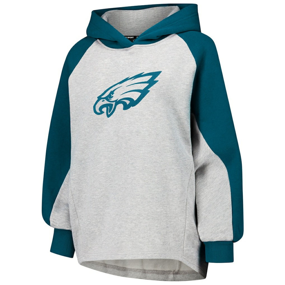 Philadelphia Eagles DKNY Sport Women's Joy Cropped Raglan Pullover Hoodie - Gray/Midnight Green for sale
