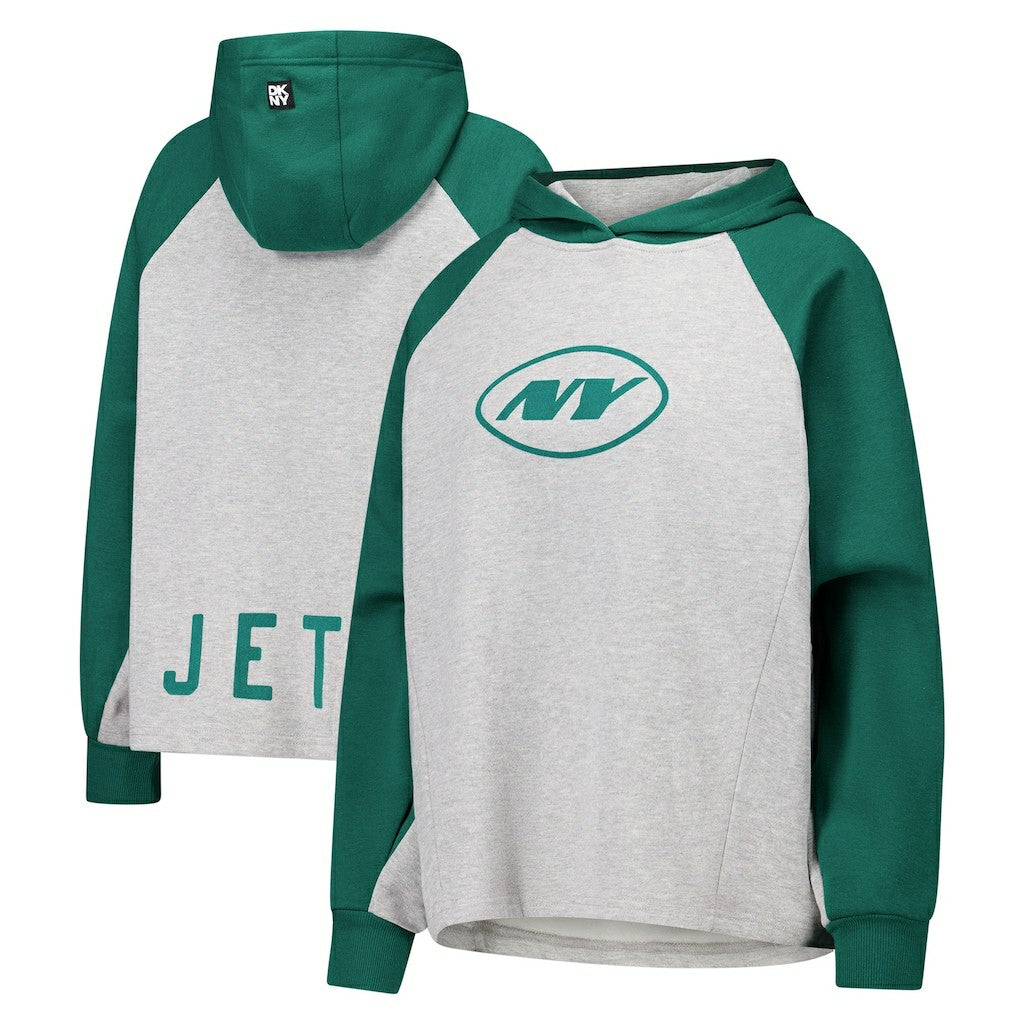 New York Jets DKNY Sport Women's Joy Cropped Raglan Pullover Hoodie - Gray/Green outlet