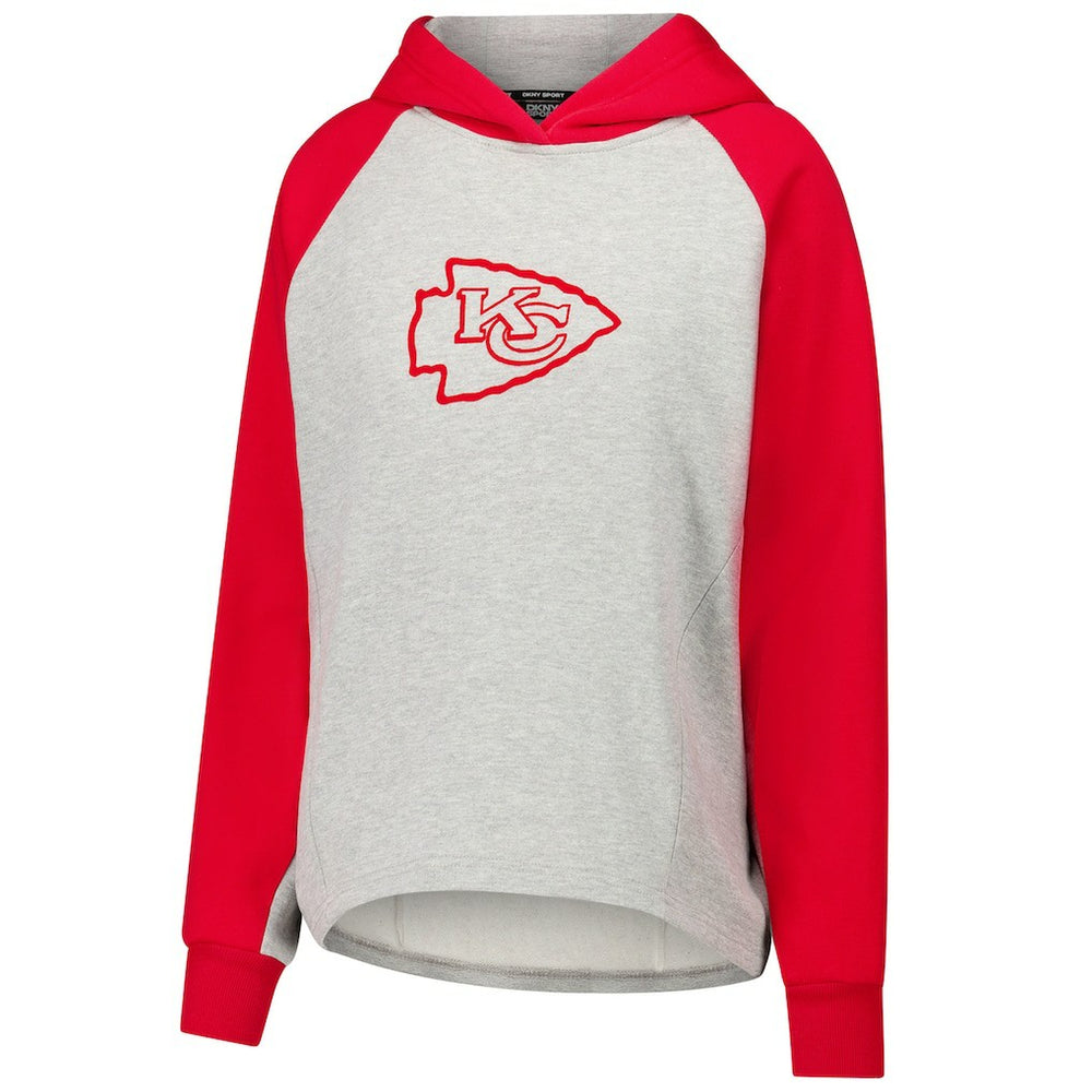 Kansas City Chiefs DKNY Sport Women's Joy Cropped Raglan Pullover Hoodie - Gray/Red for sale