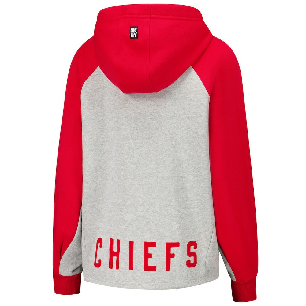 Kansas City Chiefs DKNY Sport Women's Joy Cropped Raglan Pullover Hoodie - Gray/Red for sale