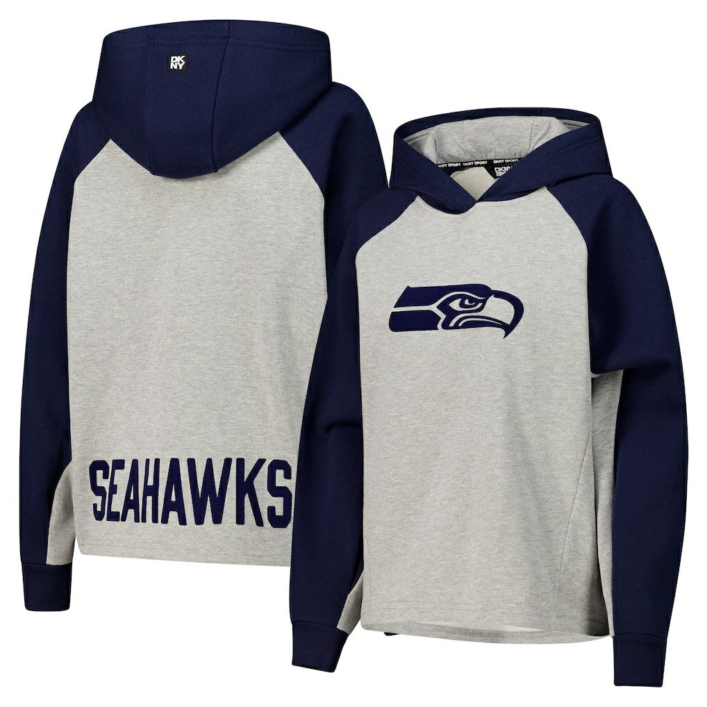Seattle Seahawks DKNY Sport Women's Joy Cropped Raglan Pullover Hoodie - Gray/College Navy sale