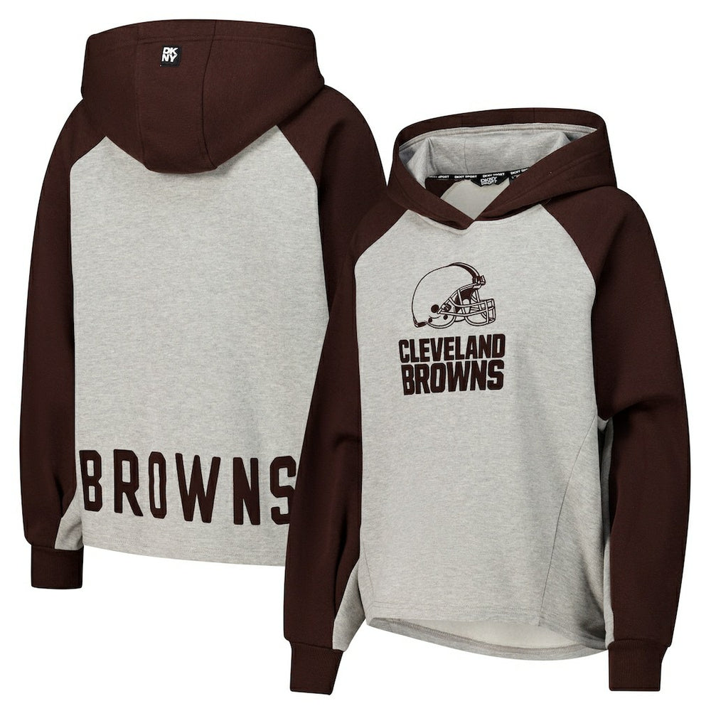 Cleveland Browns DKNY Sport Women's Joy Cropped Raglan Pullover Hoodie - Gray/Brown on sale
